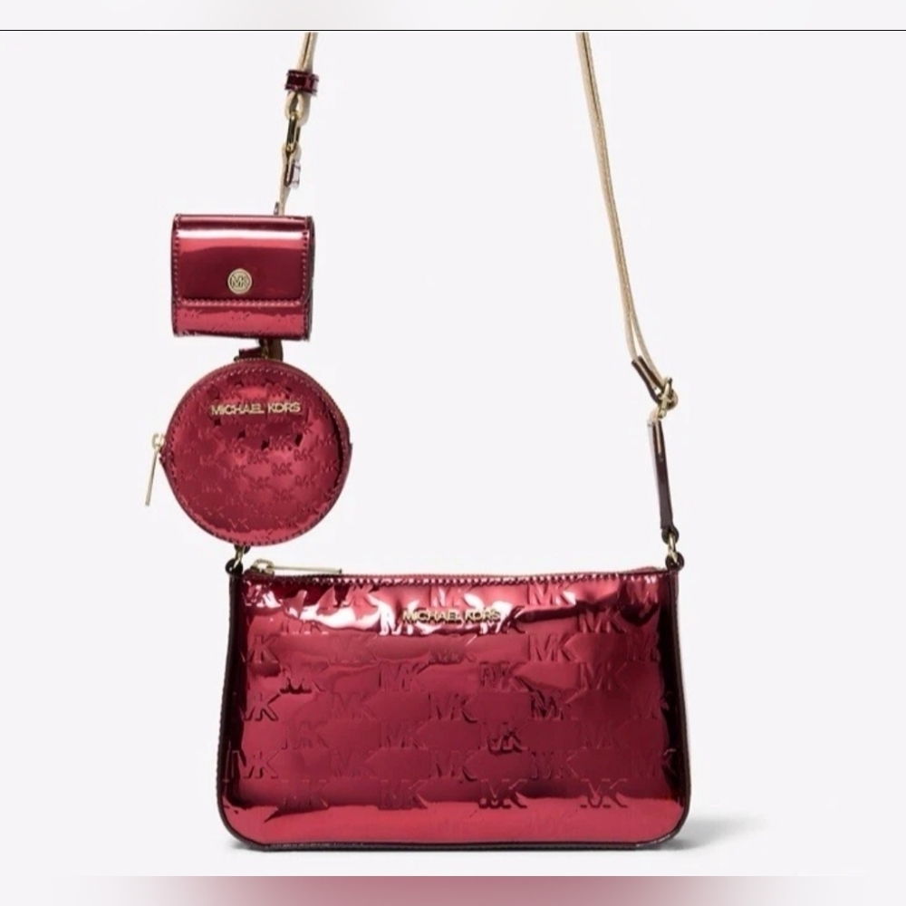 Michael Kors Cherry Red Metallic Jet Set Crossbody Bag with Accessories